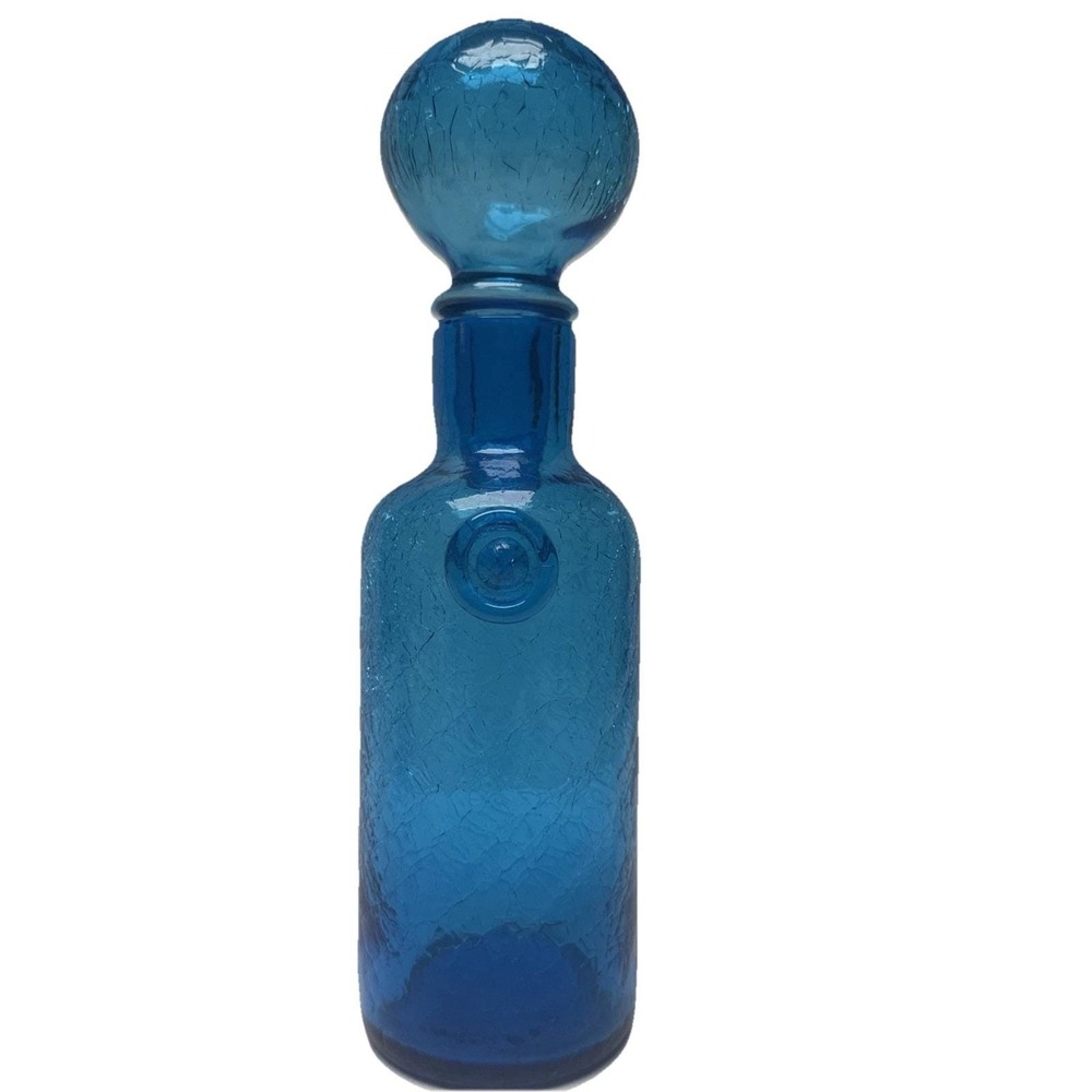 Blue Crackle Glass Decanter W/ Stopper Mid Century Modern MCM